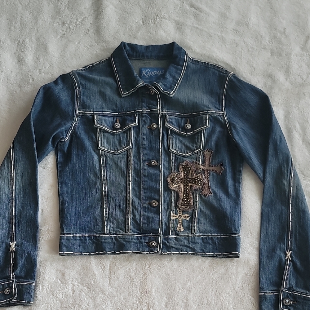 Blue Denim Jacket with Cross Embellishments